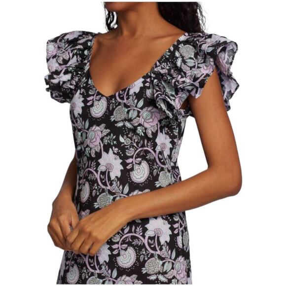 Mille NWT Klara Midi Dress Tropical Night Size XL Ruffle Sleeve Pleated Hem - Picture 4 of 11